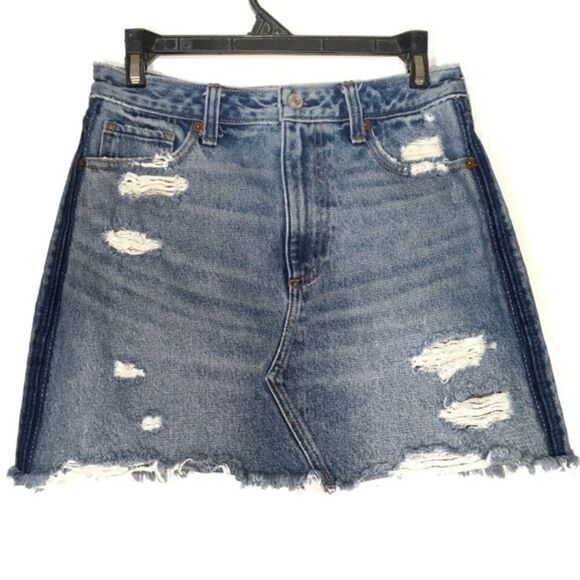 ABERCROMBIE & FITCH ZOE NATURAL RISE VINTAGE A LINE‎ DISTRESSED DENIM MINI SKIRT - Picture 1 of 12
